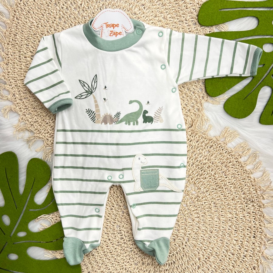 Macacão Trape Zape Listrado com Dinos - Off White e Verde